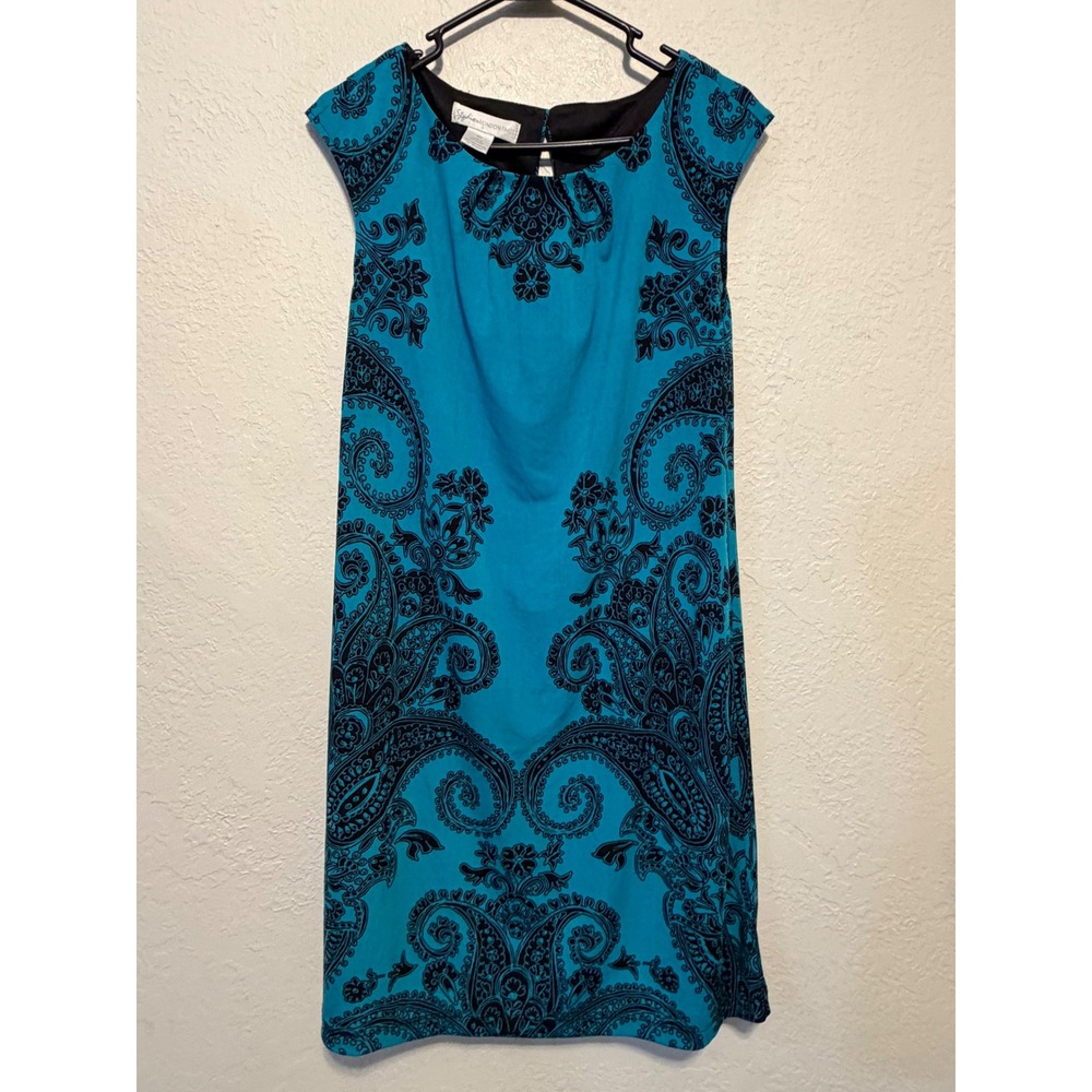 Studio by London Times Turquoise Blue Black Paisley Sheath Dress Size 10